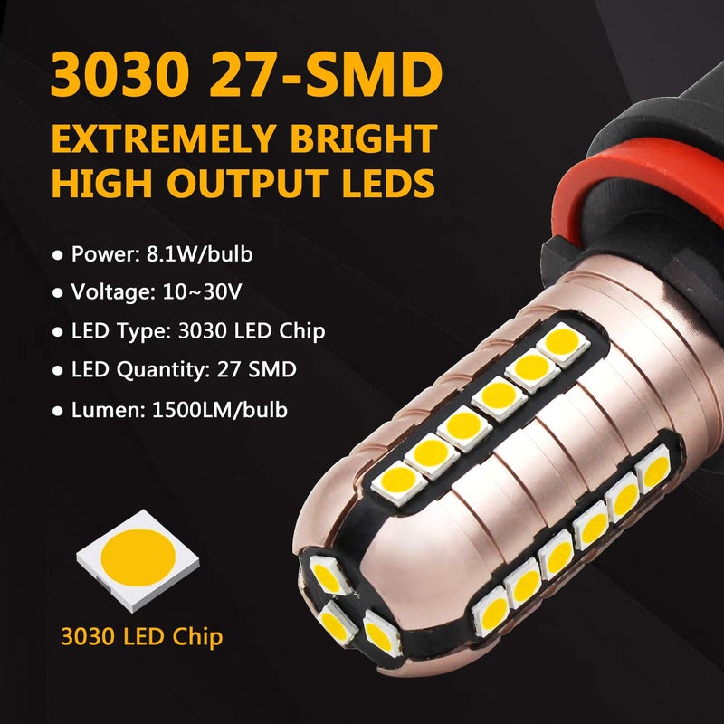 PHINLION 3000 Lumens Golden Yellow H11 LED Fog Light Bulbs Super Bright 3030 27-SMD H8 H16 LED Bulb Replacement for DRL or Fog Lamps, 3000K Yellow - Image 2